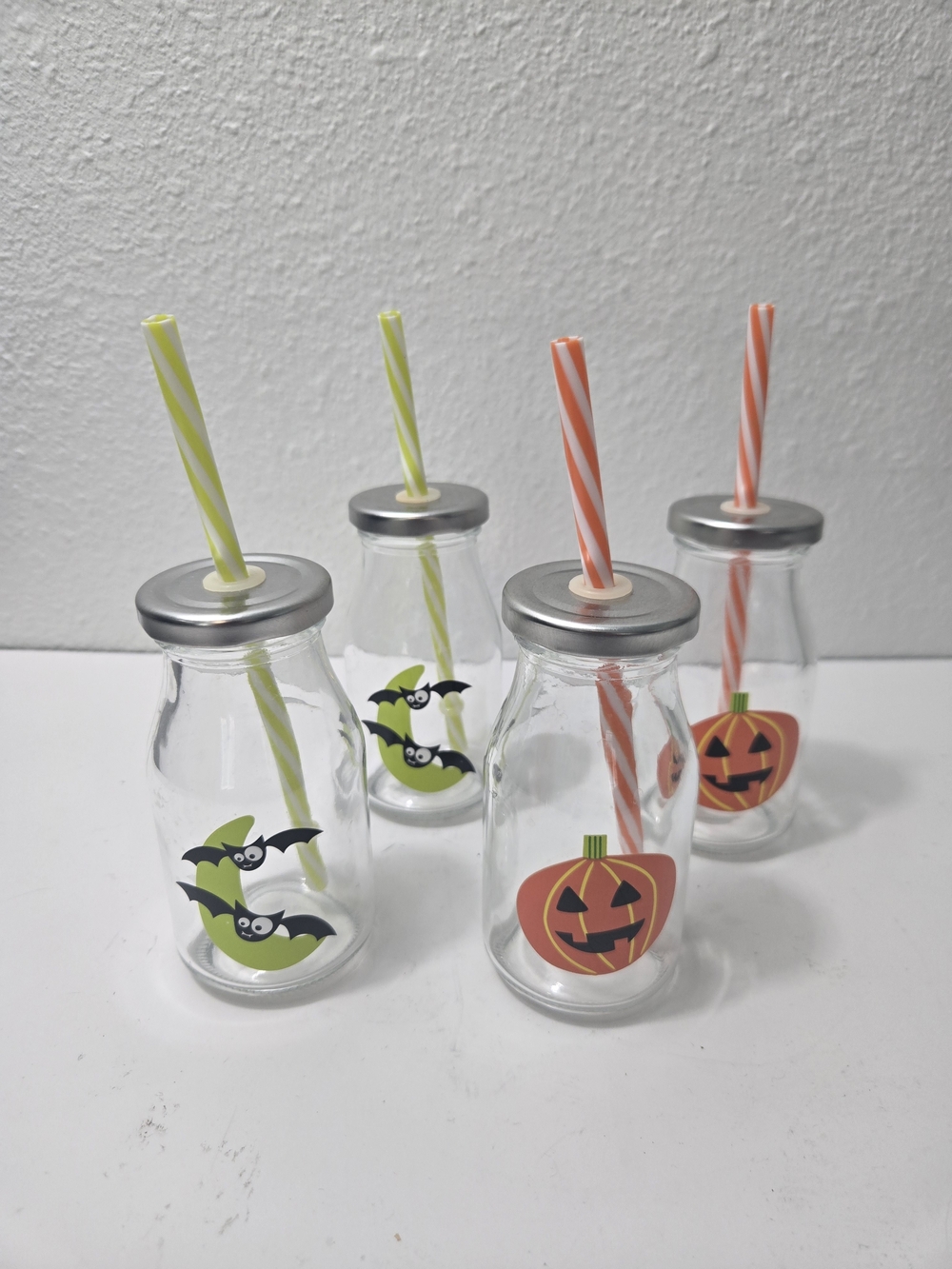 Halloween Mini Glass Drink Bottles with Orange & Lime Straws